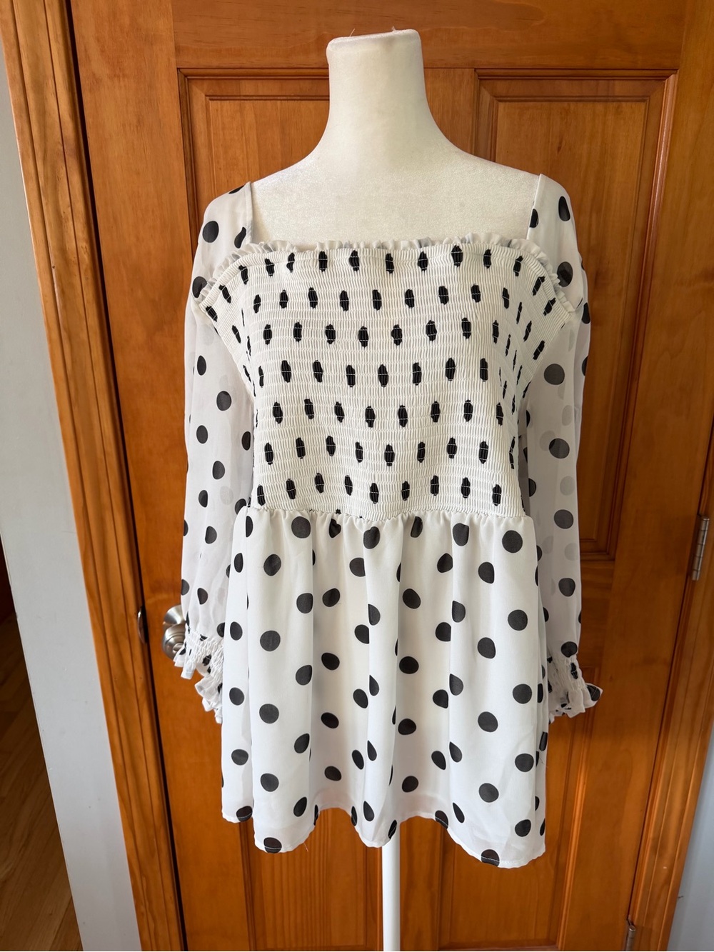 Torrid Women’s White and Black Polka Dot Smocked Peplum Top